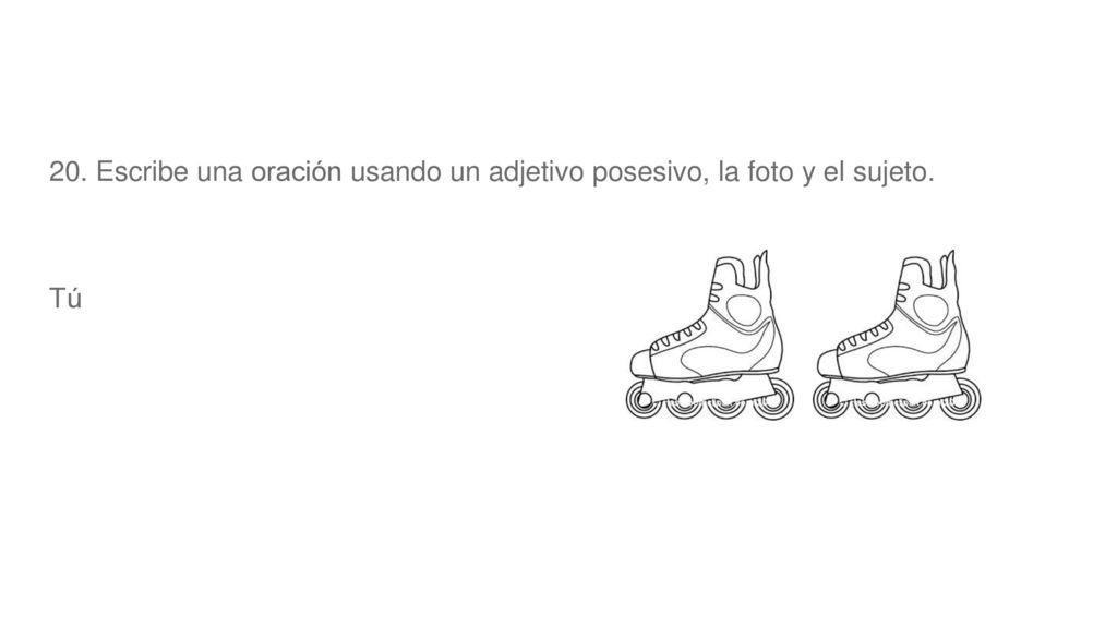 20. Escribe una oración usando un adjetivo posesivo, la foto y el sujeto.