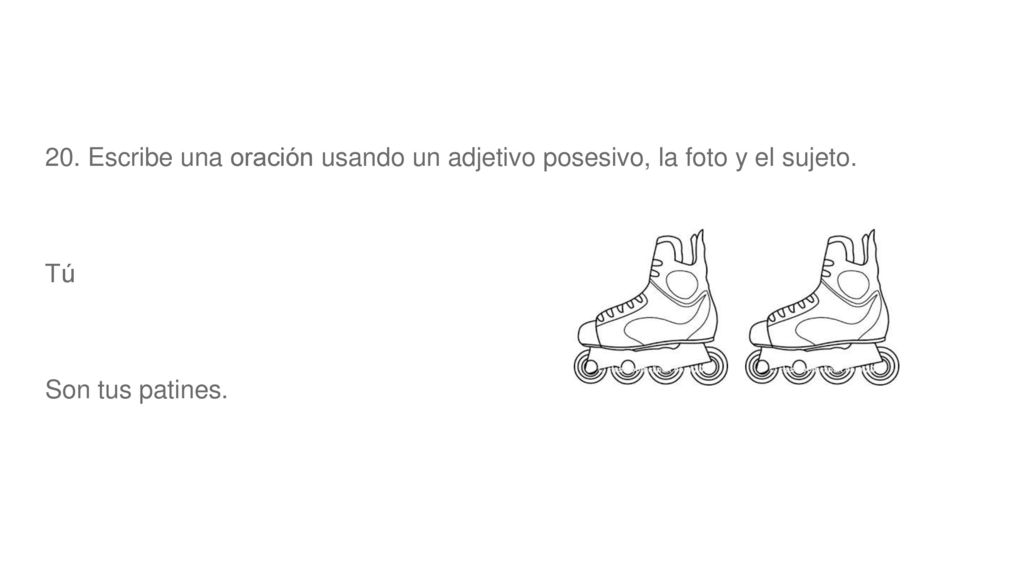 20. Escribe una oración usando un adjetivo posesivo, la foto y el sujeto.