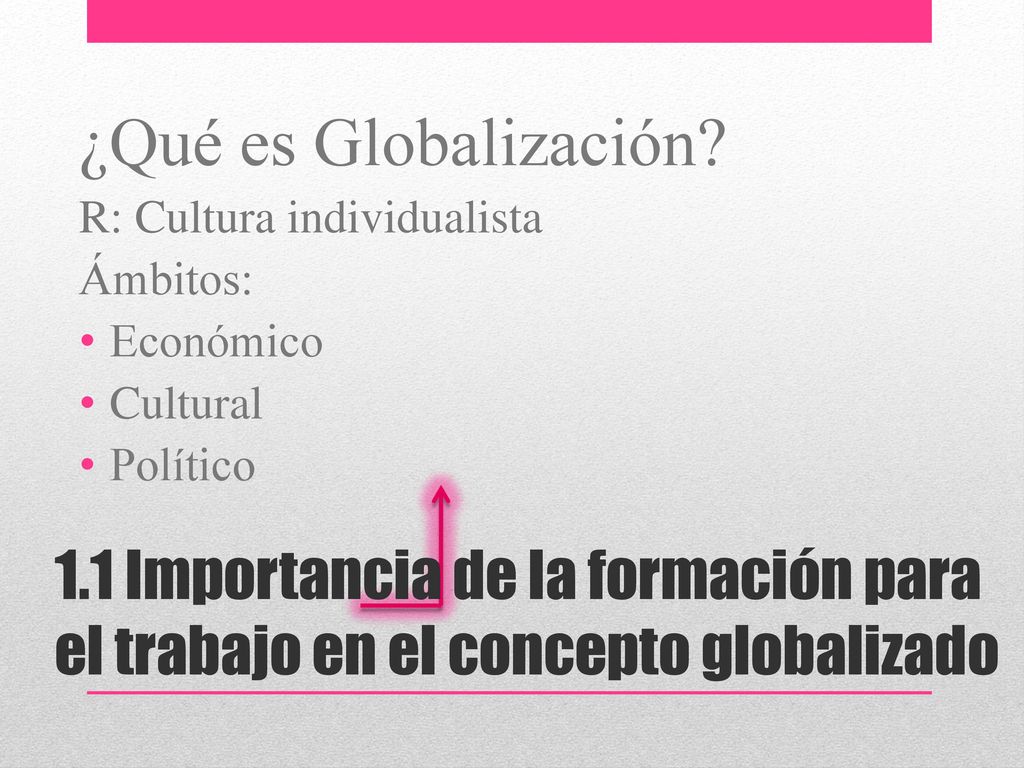 ¿Qué es Globalización R: Cultura individualista. Ámbitos: Económico. Cultural. Político.