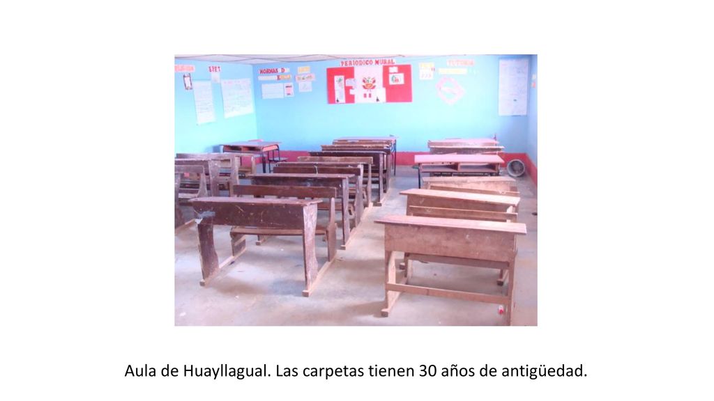 Aula de Huayllagual. Las carpetas tienen 30 años de antigüedad.