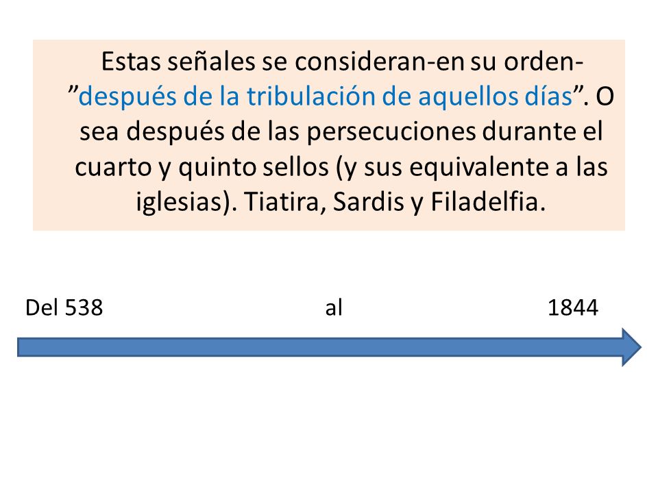 Estas señales se consideran-en su orden- después de la tribulación de aquellos días . O sea después de las persecuciones durante el cuarto y quinto sellos (y sus equivalente a las iglesias). Tiatira, Sardis y Filadelfia.
