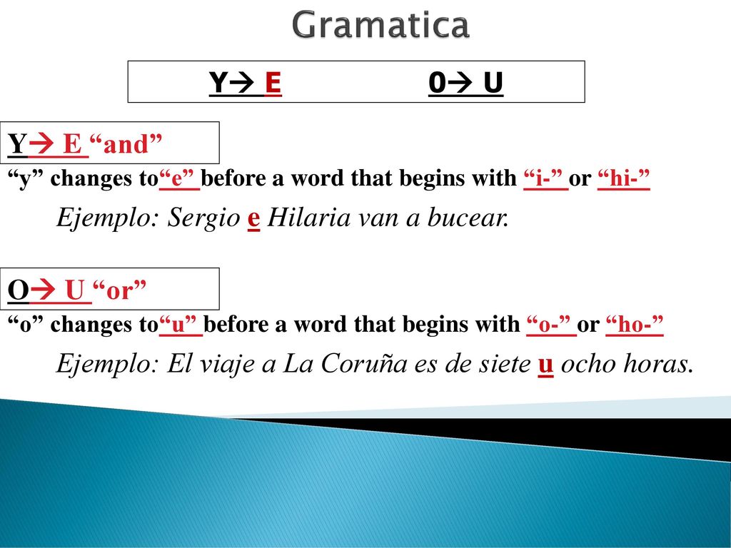 Gramatica Y E 0 U Y E and Ejemplo: Sergio e Hilaria van a bucear.