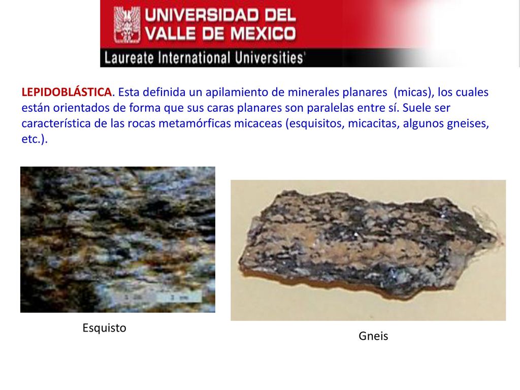 LEPIDOBLÁSTICA. Esta definida un apilamiento de minerales planares (micas), los cuales están orientados de forma que sus caras planares son paralelas entre sí. Suele ser característica de las rocas metamórficas micaceas (esquisitos, micacitas, algunos gneises, etc.).