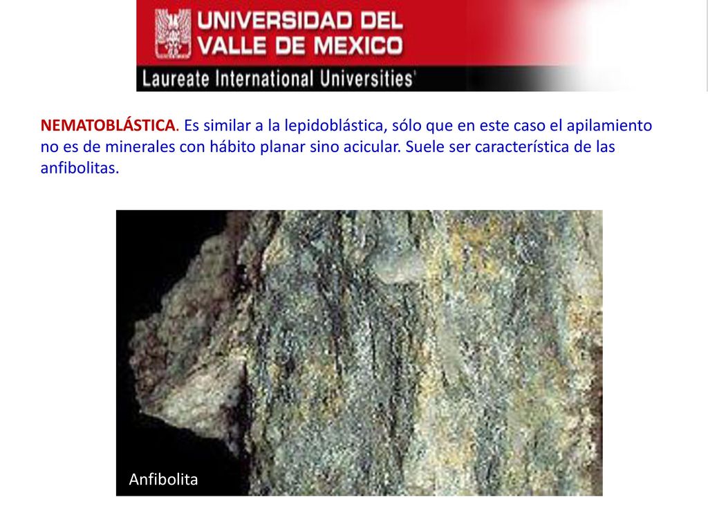 NEMATOBLÁSTICA. Es similar a la lepidoblástica, sólo que en este caso el apilamiento no es de minerales con hábito planar sino acicular. Suele ser característica de las anfibolitas.