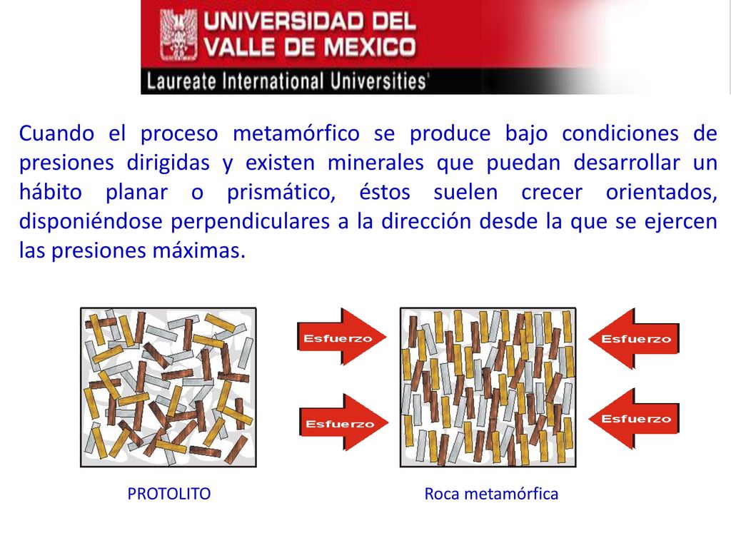 Cuando el proceso metamórfico se produce bajo condiciones de presiones dirigidas y existen minerales que puedan desarrollar un hábito planar o prismático, éstos suelen crecer orientados, disponiéndose perpendiculares a la dirección desde la que se ejercen las presiones máximas.