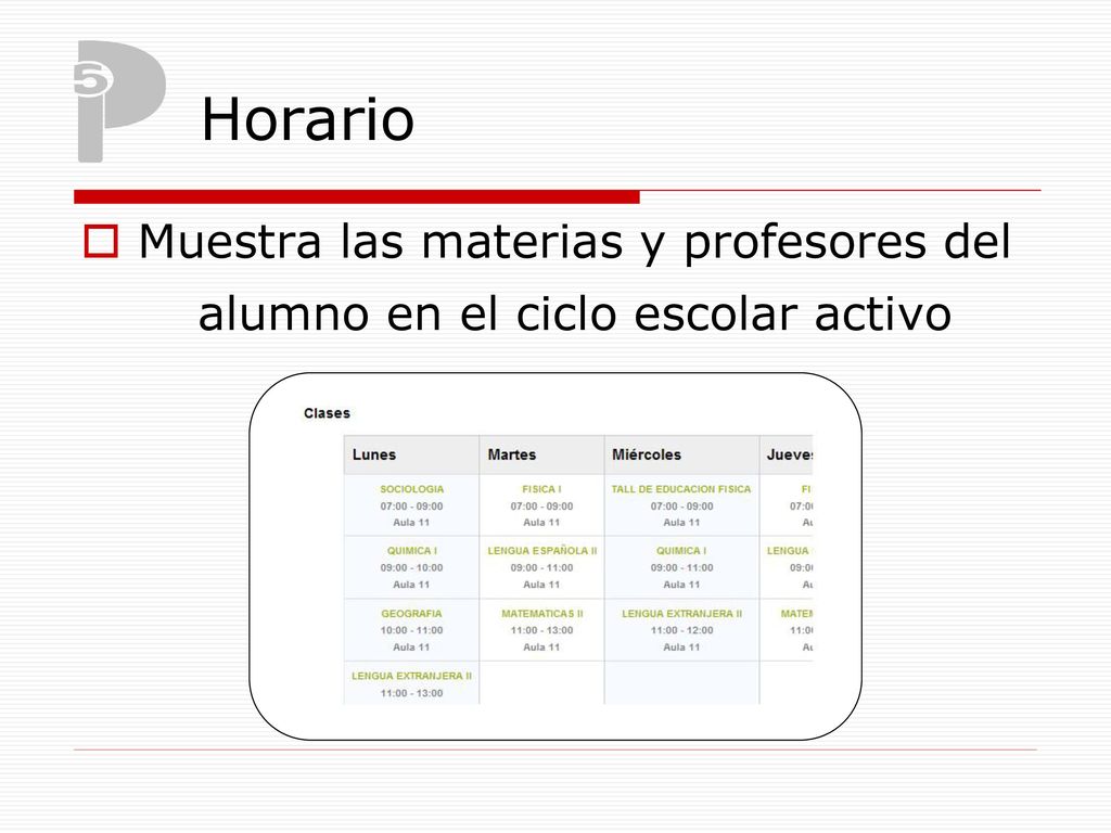 Horario Muestra las materias y profesores del alumno en el ciclo escolar activo