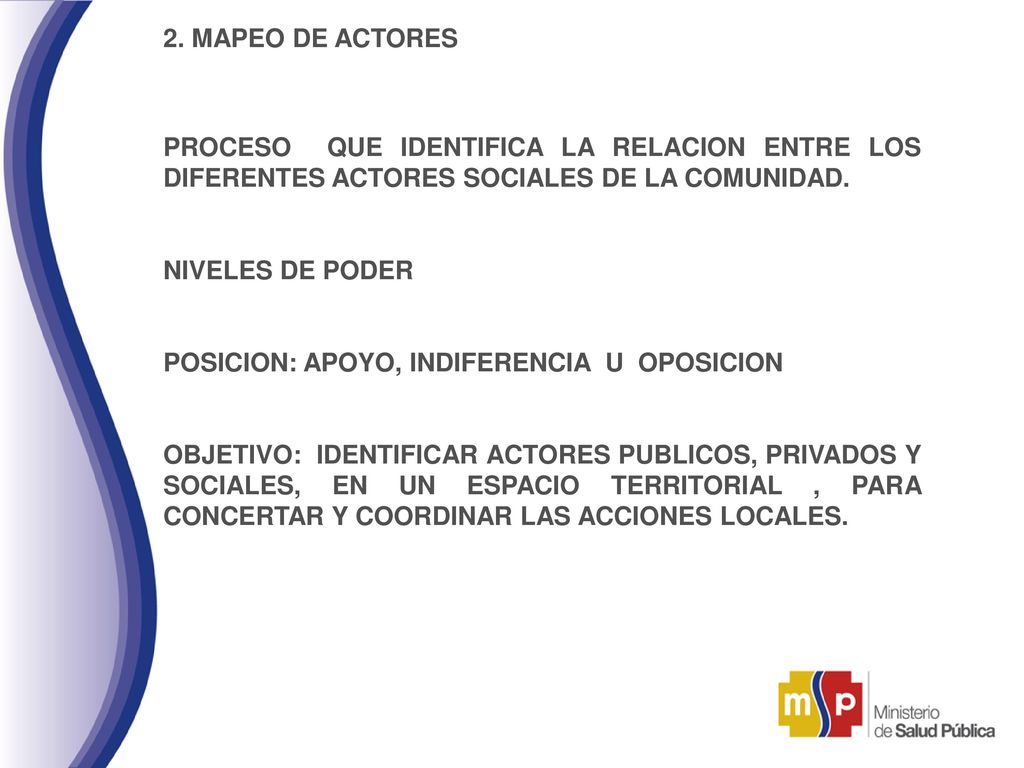 2. MAPEO DE ACTORES PROCESO QUE IDENTIFICA LA RELACION ENTRE LOS DIFERENTES ACTORES SOCIALES DE LA COMUNIDAD.