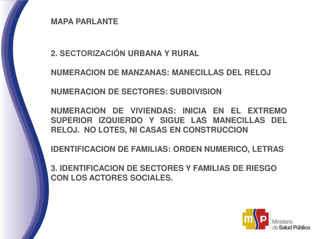 MAPA PARLANTE 2. SECTORIZACIÓN URBANA Y RURAL. NUMERACION DE MANZANAS: MANECILLAS DEL RELOJ. NUMERACION DE SECTORES: SUBDIVISION.