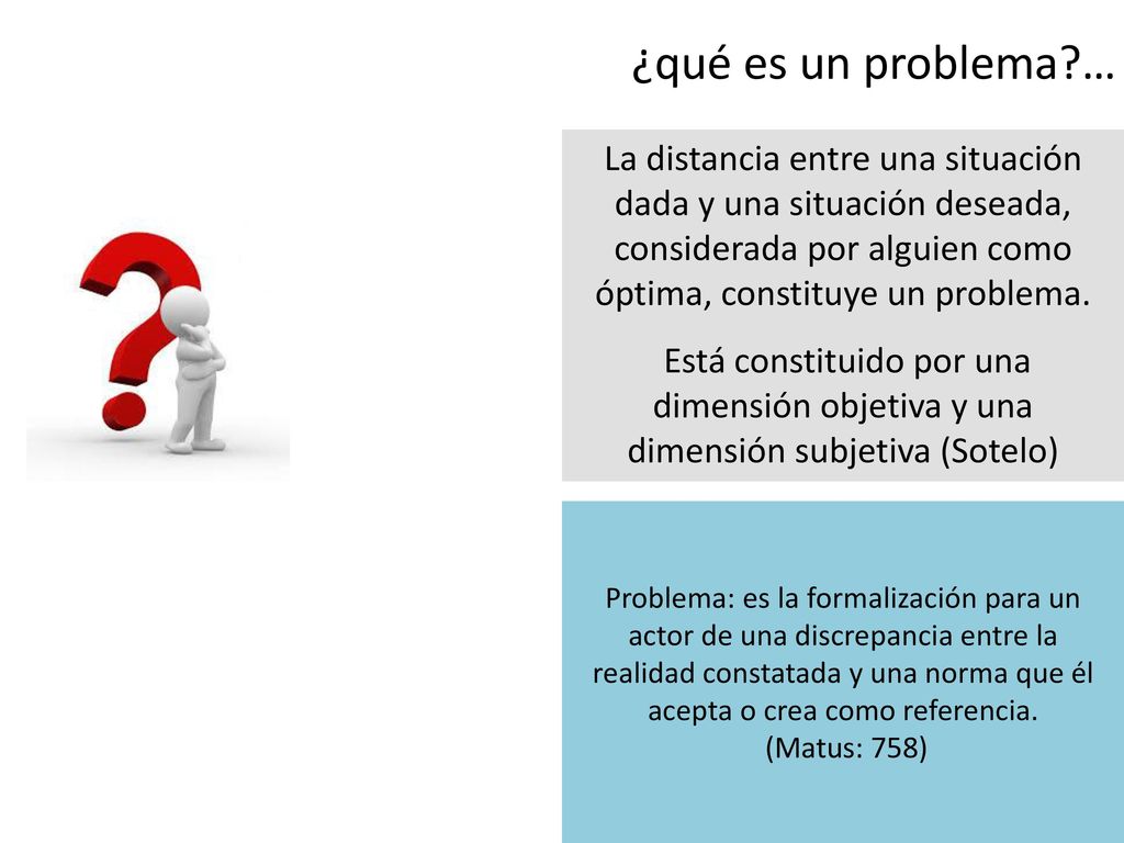 ¿qué es un problema … La distancia entre una situación dada y una situación deseada, considerada por alguien como óptima, constituye un problema.