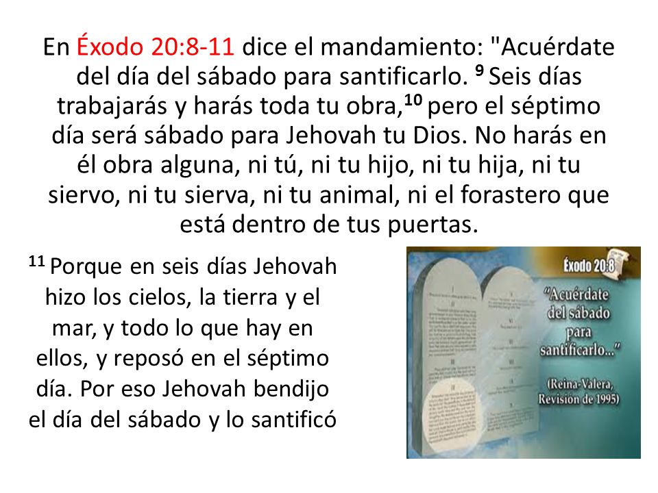 En Éxodo 20:8-11 dice el mandamiento: Acuérdate del día del sábado para santificarlo. 9 Seis días trabajarás y harás toda tu obra,10 pero el séptimo día será sábado para Jehovah tu Dios. No harás en él obra alguna, ni tú, ni tu hijo, ni tu hija, ni tu siervo, ni tu sierva, ni tu animal, ni el forastero que está dentro de tus puertas.