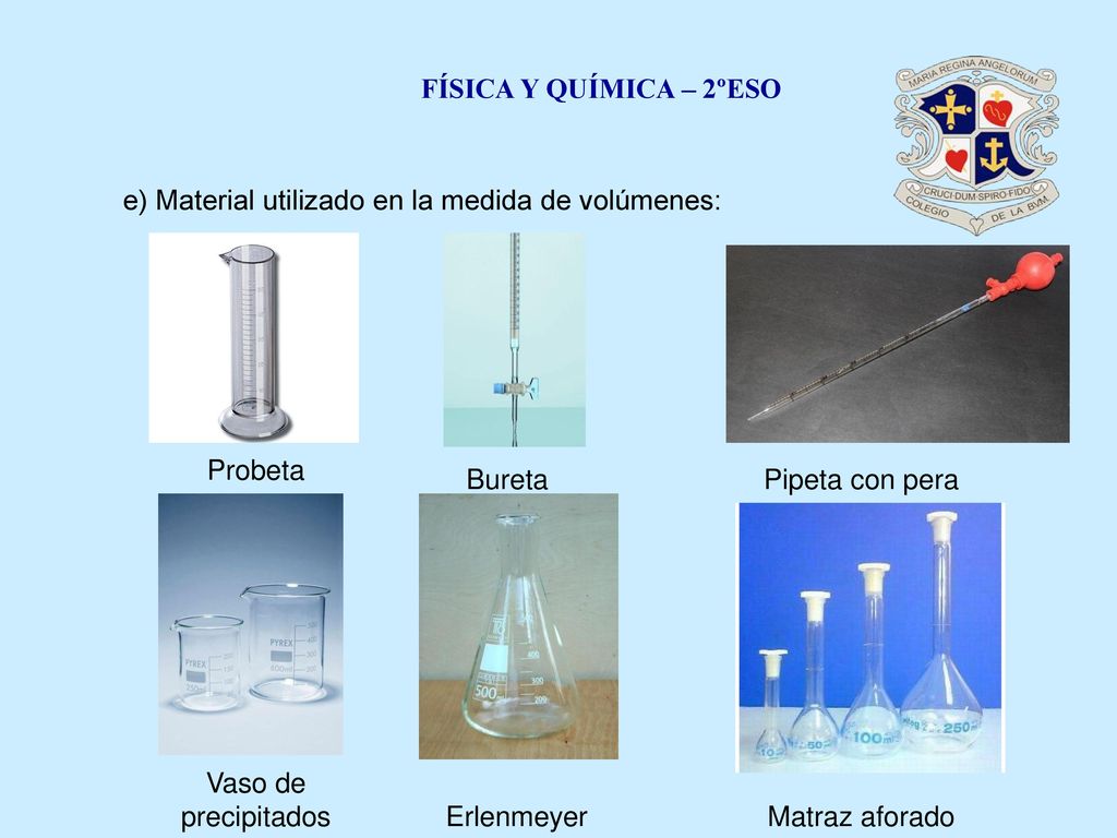 FÍSICA Y QUÍMICA – 2ºESO e) Material utilizado en la medida de volúmenes: Probeta. Bureta. Pipeta con pera.