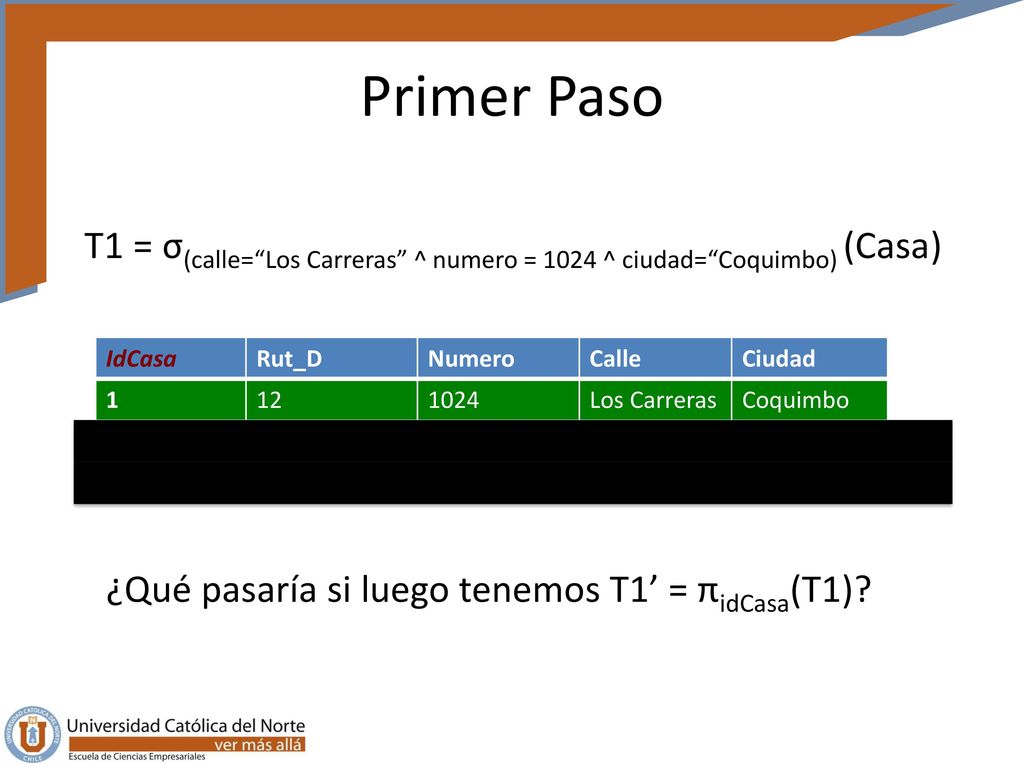 Primer Paso T1 = σ(calle= Los Carreras ^ numero = 1024 ^ ciudad= Coquimbo) (Casa) IdCasa. Rut_D.