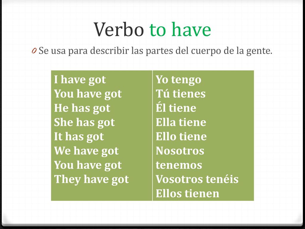 Verbo to have I have got You have got He has got She has got