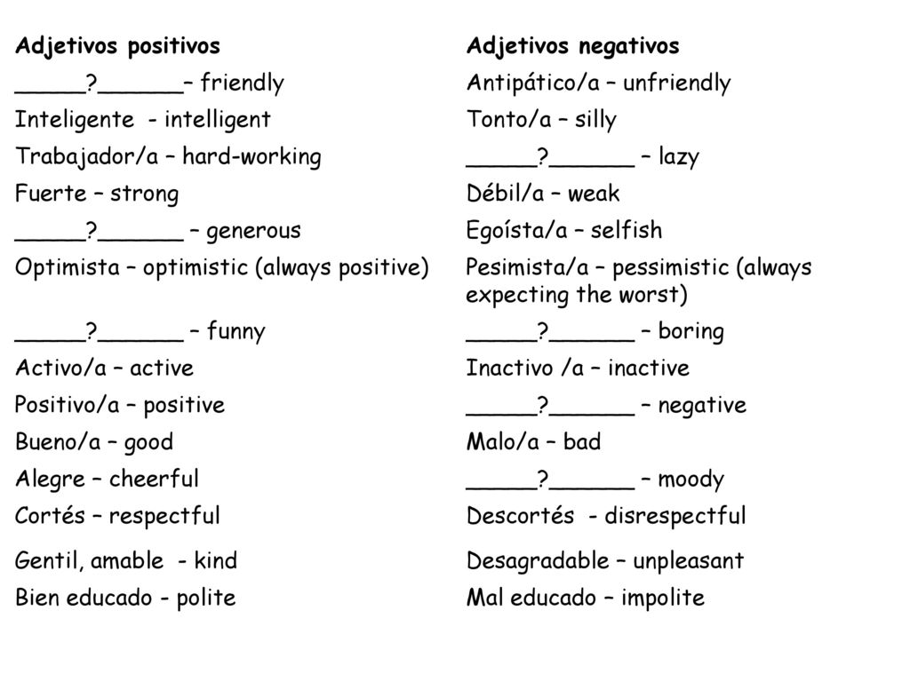 Adjetivos positivos Adjetivos negativos. _____ ______– friendly. Antipático/a – unfriendly. Inteligente - intelligent.