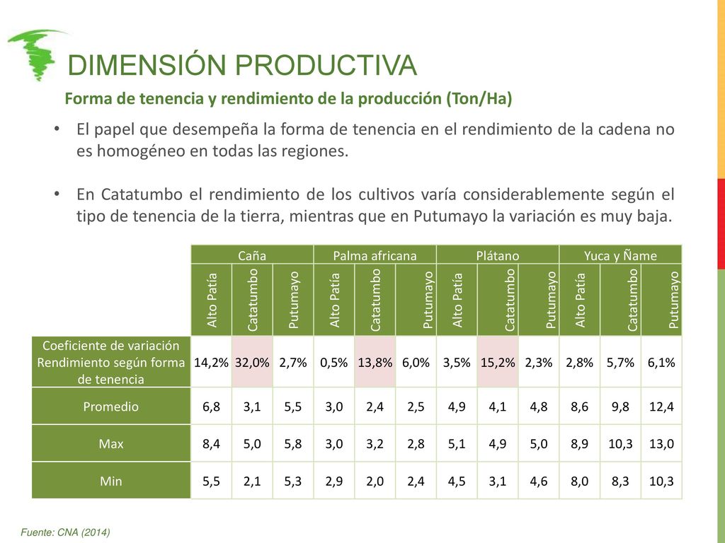 Dimensión productiva Forma de tenencia y rendimiento de la producción (Ton/Ha)