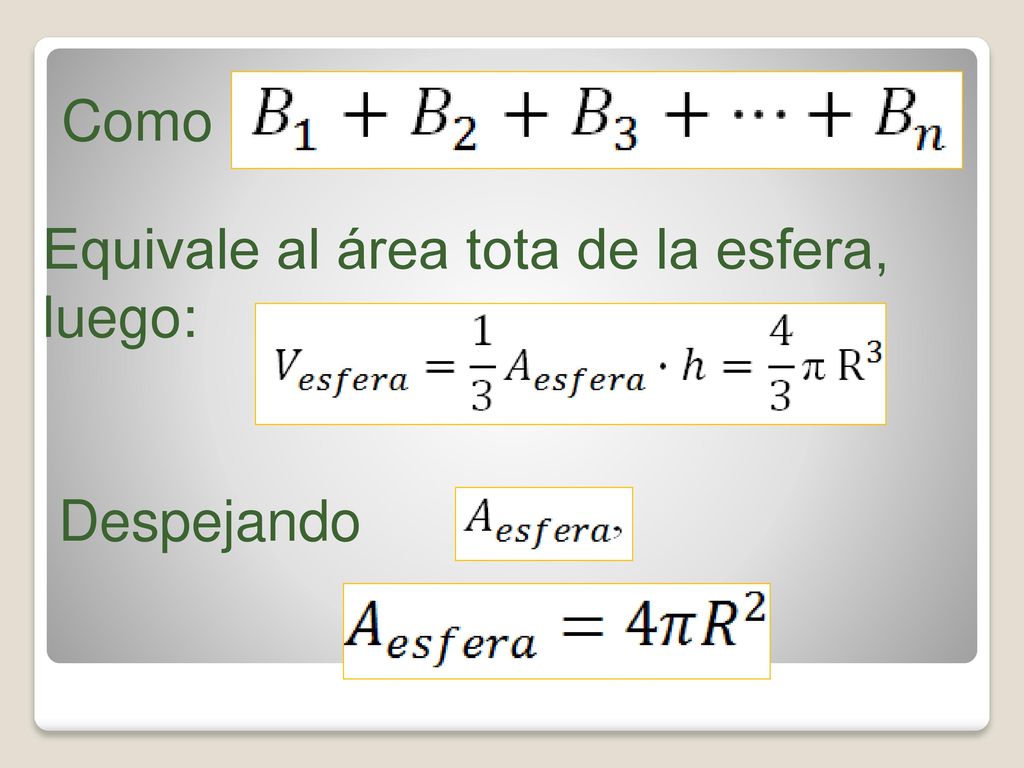Como Equivale al área tota de la esfera, luego: Despejando