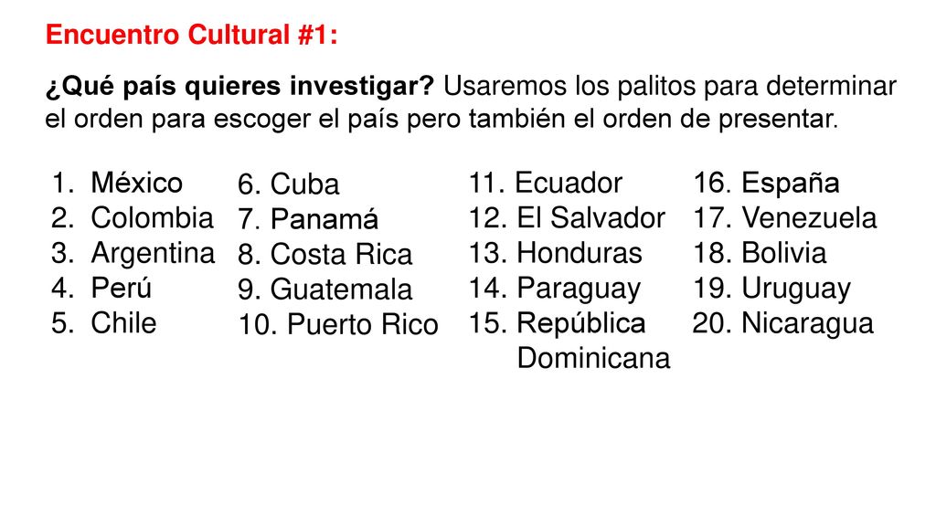México Colombia Argentina Perú Chile 6. Cuba 7. Panamá 8. Costa Rica