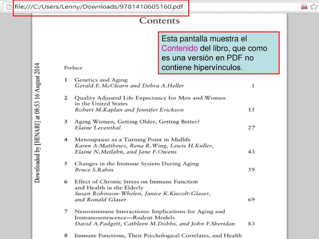 Esta pantalla muestra el Contenido del libro, que como es una versión en PDF no contiene hipervínculos.