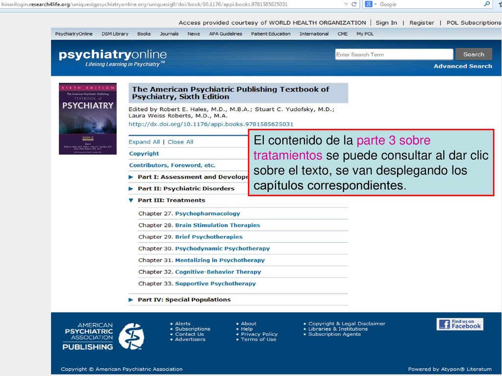El contenido de la parte 3 sobre tratamientos se puede consultar al dar clic sobre el texto, se van desplegando los capítulos correspondientes.