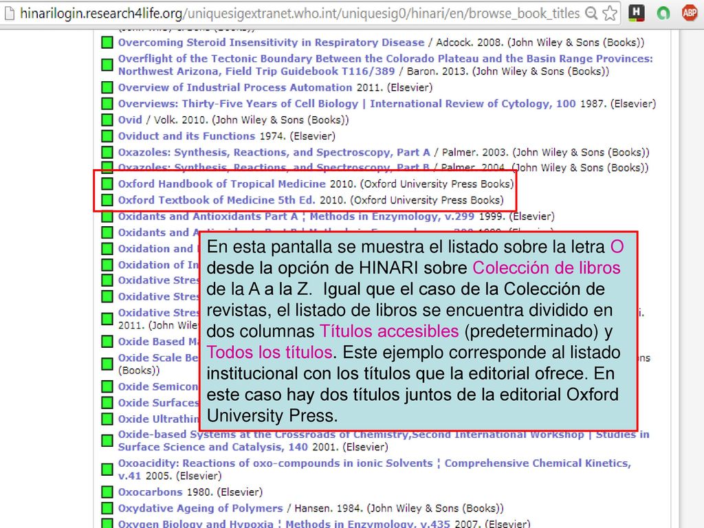En esta pantalla se muestra el listado sobre la letra O desde la opción de HINARI sobre Colección de libros de la A a la Z.