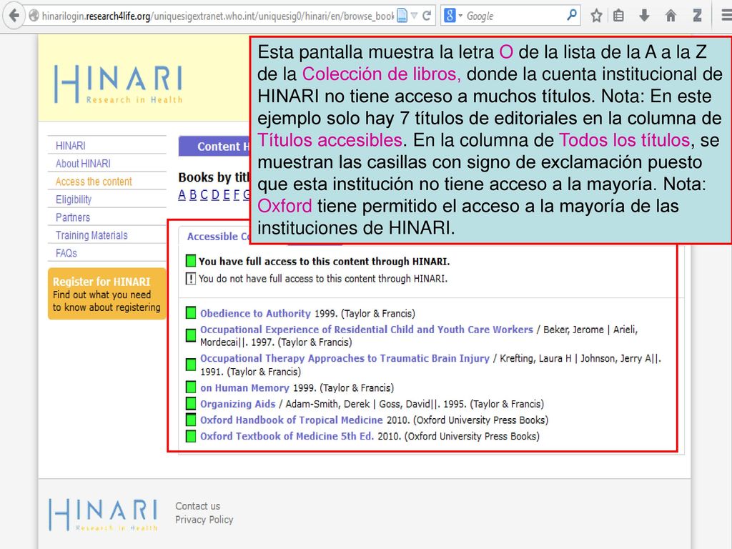 Esta pantalla muestra la letra O de la lista de la A a la Z de la Colección de libros, donde la cuenta institucional de HINARI no tiene acceso a muchos títulos.