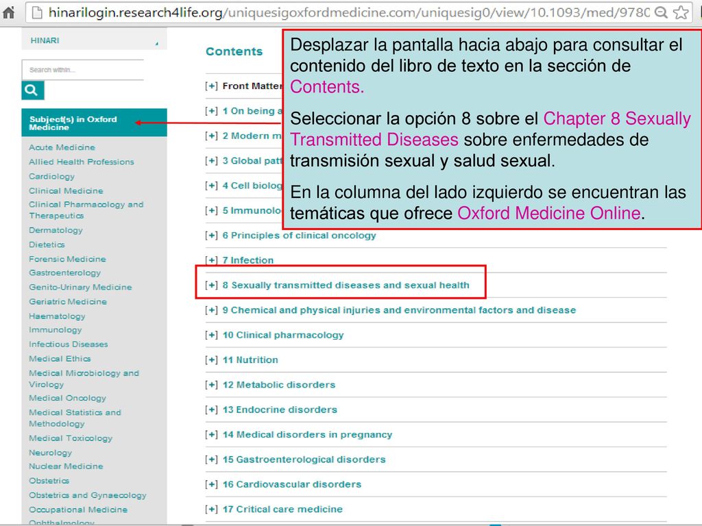 Desplazar la pantalla hacia abajo para consultar el contenido del libro de texto en la sección de Contents.