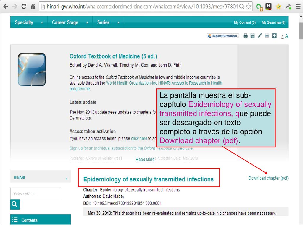La pantalla muestra el sub- capítulo Epidemiology of sexually transmitted infections, que puede ser descargado en texto completo a través de la opción Download chapter (pdf).