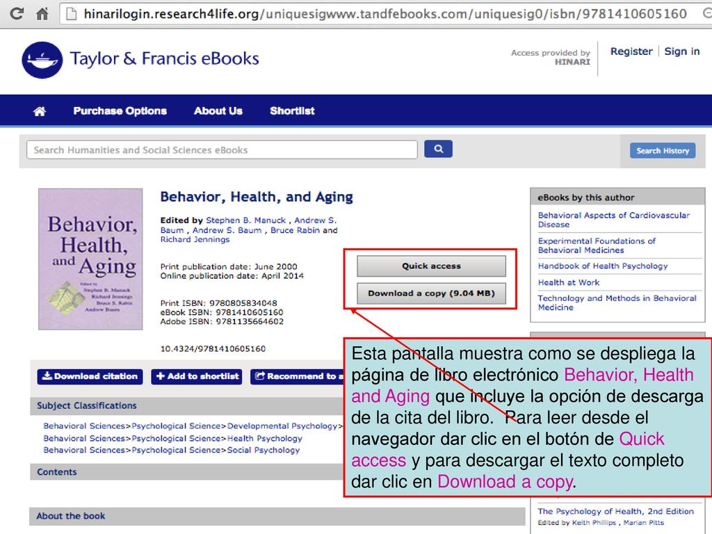 Esta pantalla muestra como se despliega la página de libro electrónico Behavior, Health and Aging que incluye la opción de descarga de la cita del libro.
