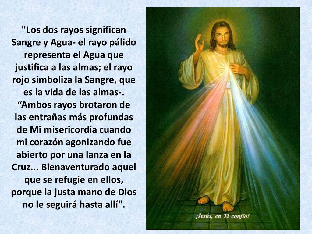 Los dos rayos significan Sangre y Agua- el rayo pálido representa el Agua que justifica a las almas; el rayo rojo simboliza la Sangre, que es la vida de las almas-.