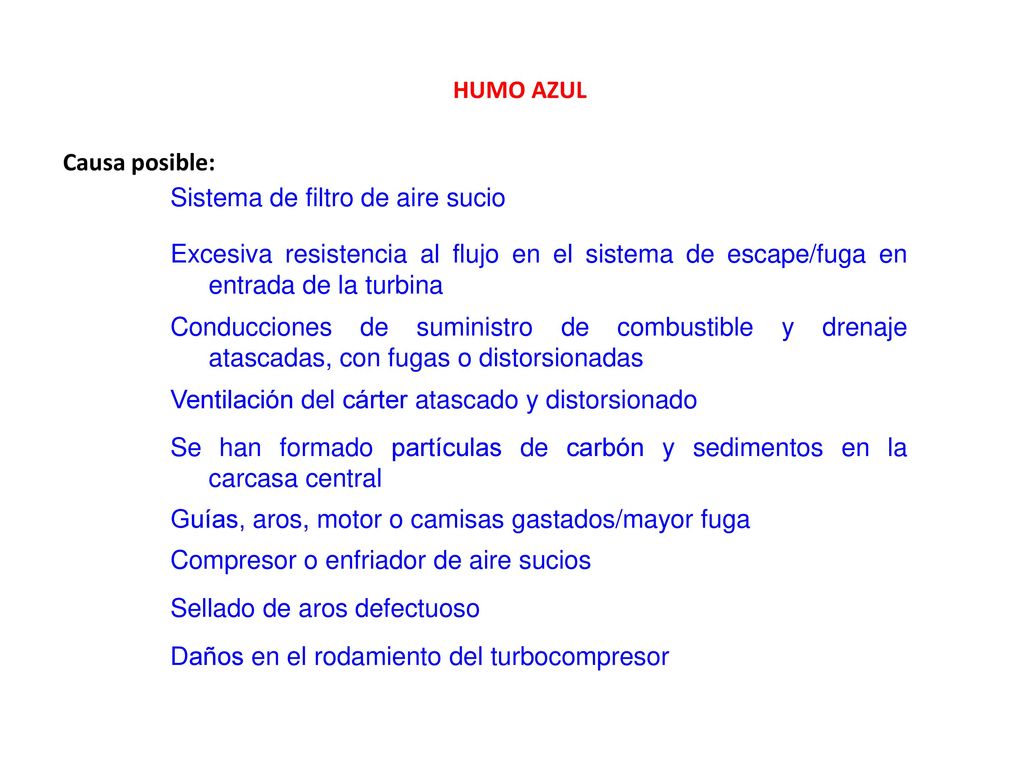 HUMO AZUL Causa posible: Sistema de filtro de aire sucio. Excesiva resistencia al flujo en el sistema de escape/fuga en entrada de la turbina.