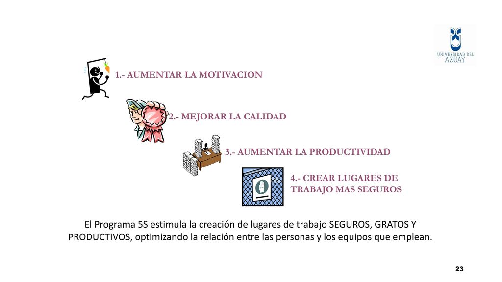 OBJETIVOS 1.- AUMENTAR LA MOTIVACION. 2.- MEJORAR LA CALIDAD. 3.- AUMENTAR LA PRODUCTIVIDAD. 4.- CREAR LUGARES DE TRABAJO MAS SEGUROS.