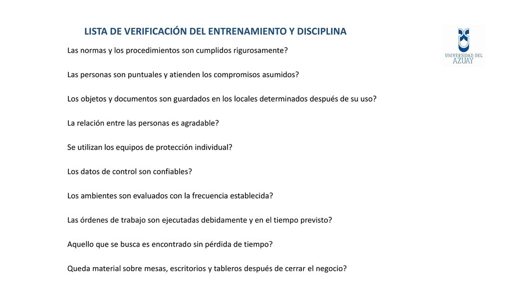 LISTA DE VERIFICACIÓN DEL ENTRENAMIENTO Y DISCIPLINA