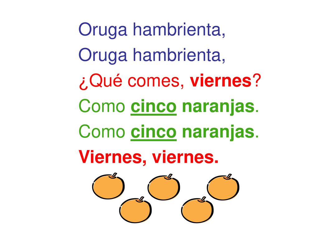 Oruga hambrienta, ¿Qué comes, viernes Como cinco naranjas. Viernes, viernes.