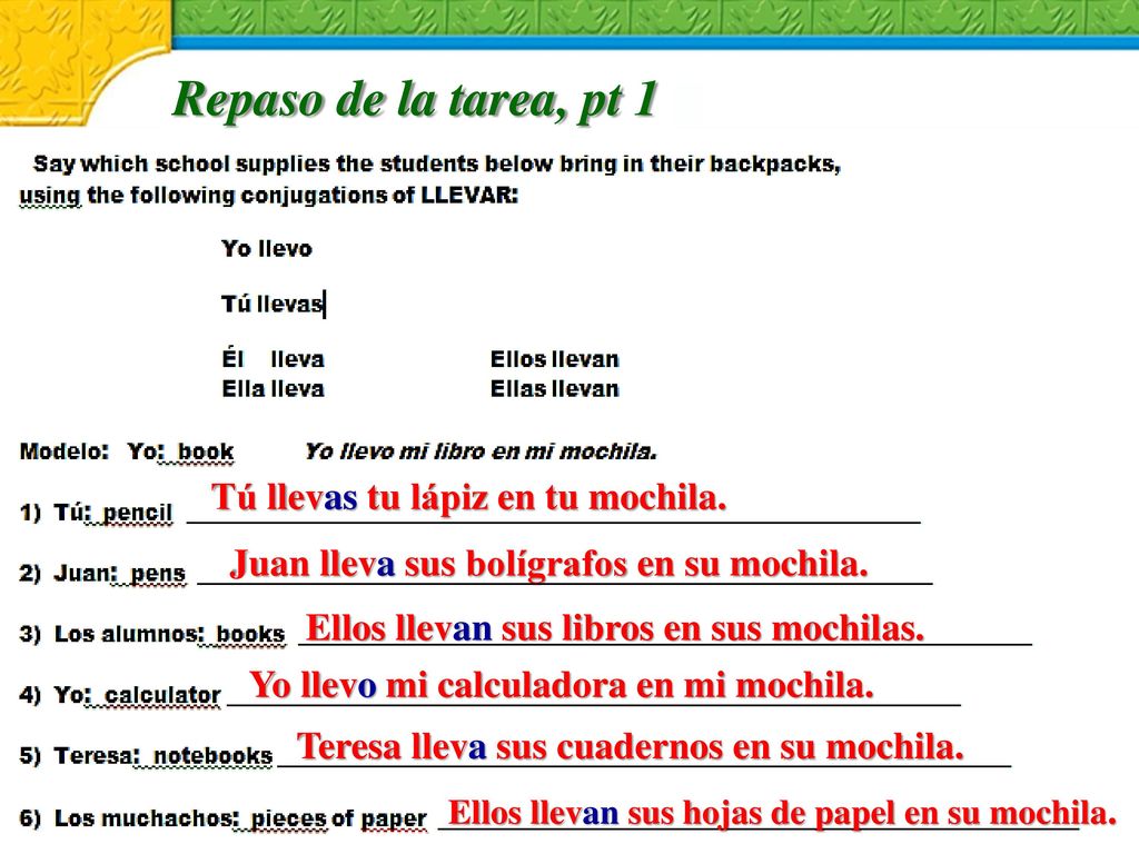 Repaso de la tarea, pt 1 Tú llevas tu lápiz en tu mochila.