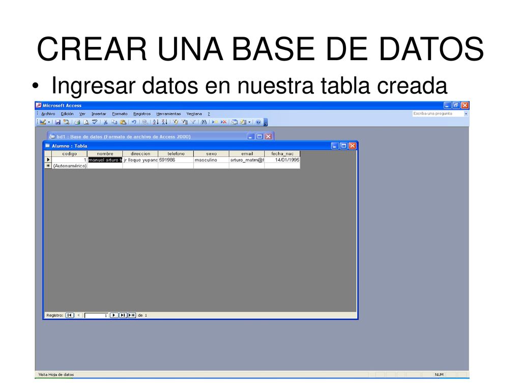 CREAR UNA BASE DE DATOS Ingresar datos en nuestra tabla creada