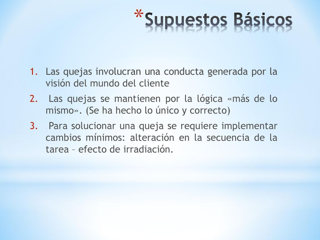 Supuestos Básicos Las quejas involucran una conducta generada por la visión del mundo del cliente.