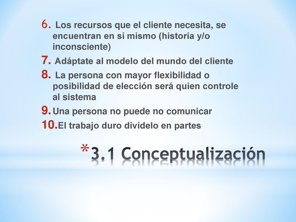 Los recursos que el cliente necesita, se encuentran en sí mismo (historia y/o inconsciente)