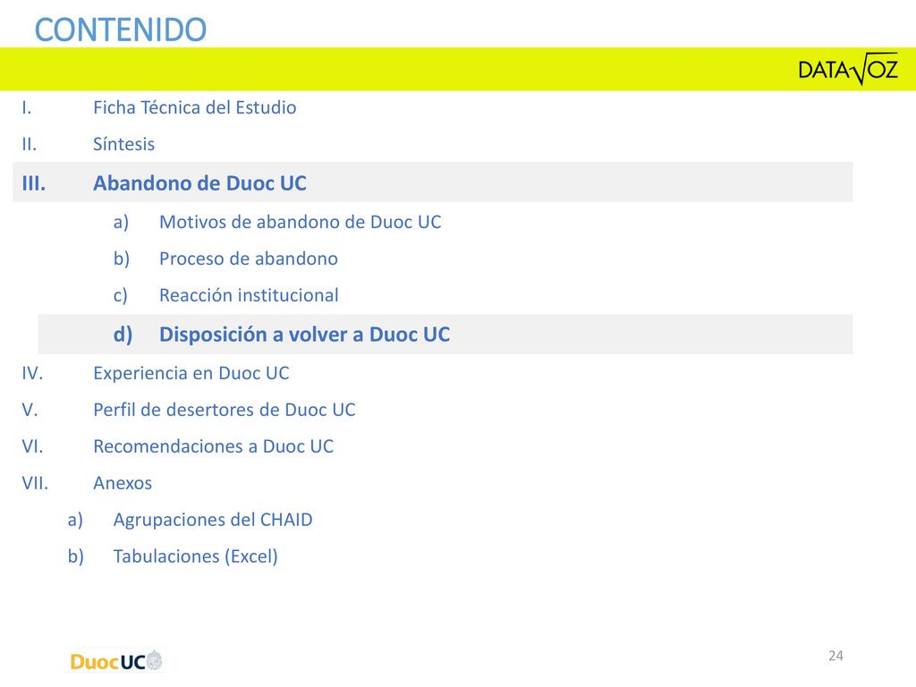 CONTENIDO Abandono de Duoc UC Disposición a volver a Duoc UC