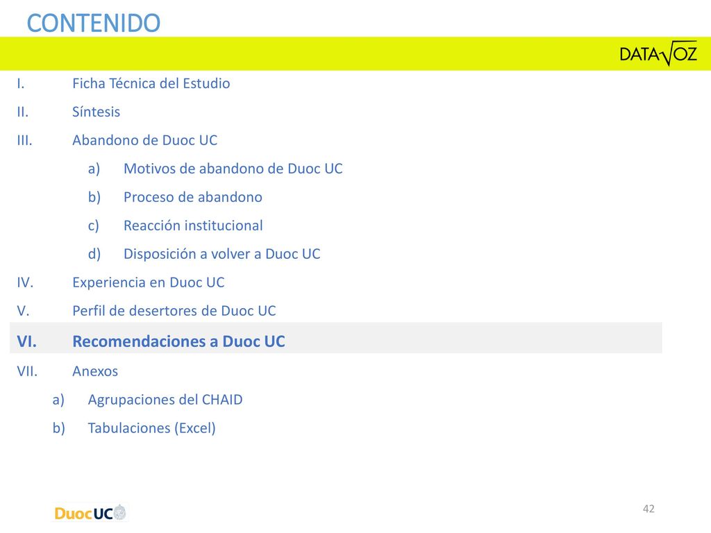 CONTENIDO Recomendaciones a Duoc UC Ficha Técnica del Estudio Síntesis