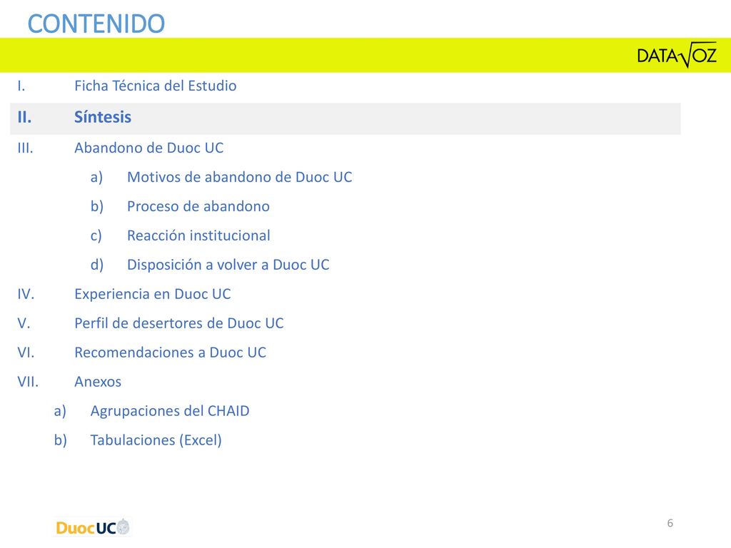 CONTENIDO Síntesis Ficha Técnica del Estudio Abandono de Duoc UC