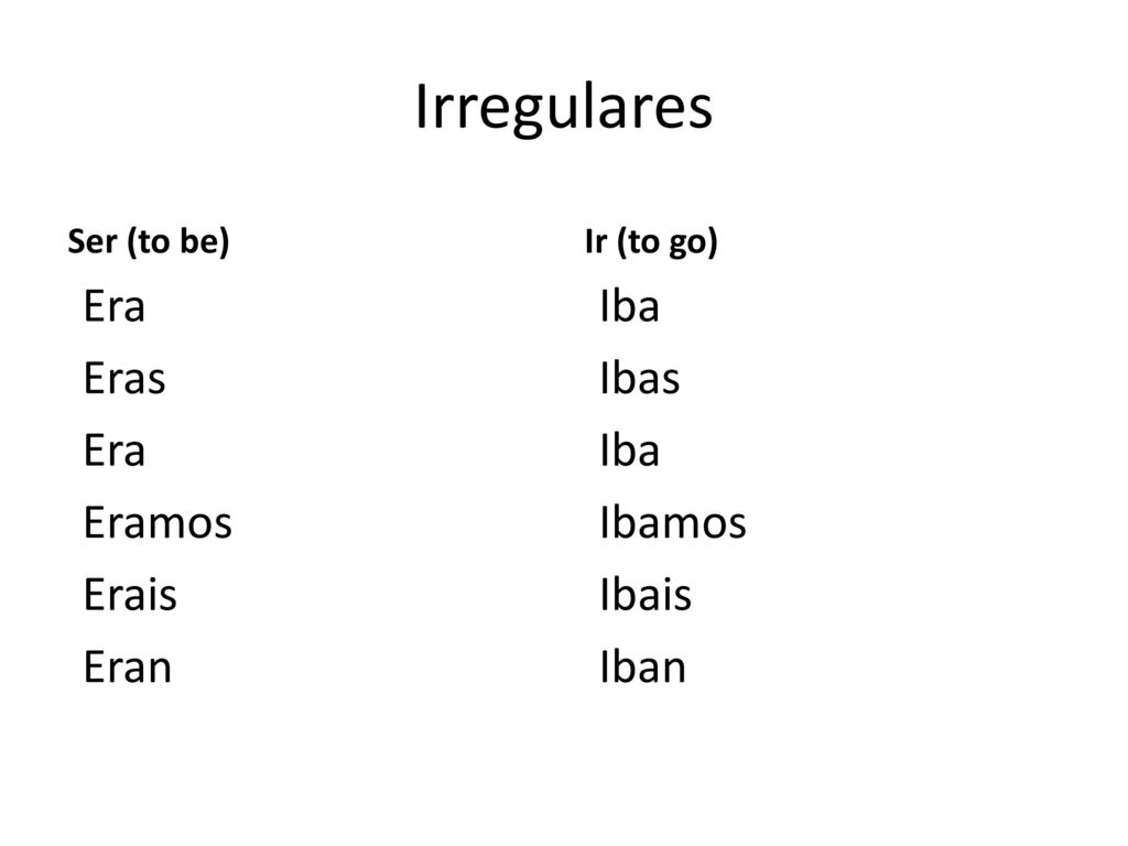 Irregulares Era Eras Eramos Erais Eran Iba Ibas Ibamos Ibais Iban