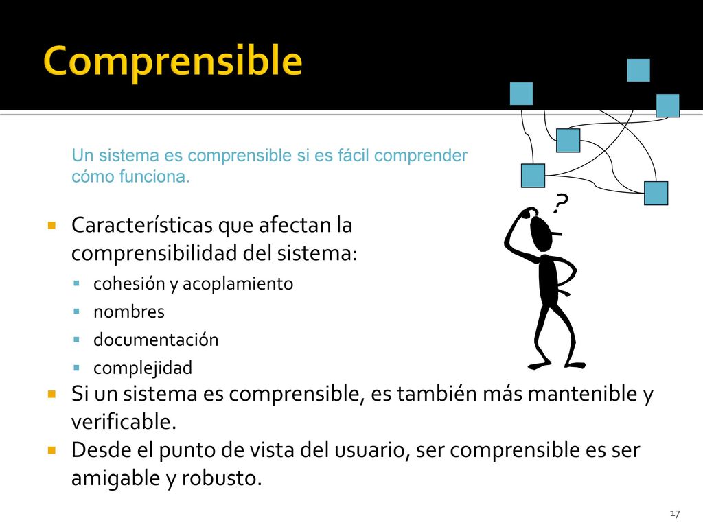 Comprensible Un sistema es comprensible si es fácil comprender cómo funciona. Características que afectan la comprensibilidad del sistema: