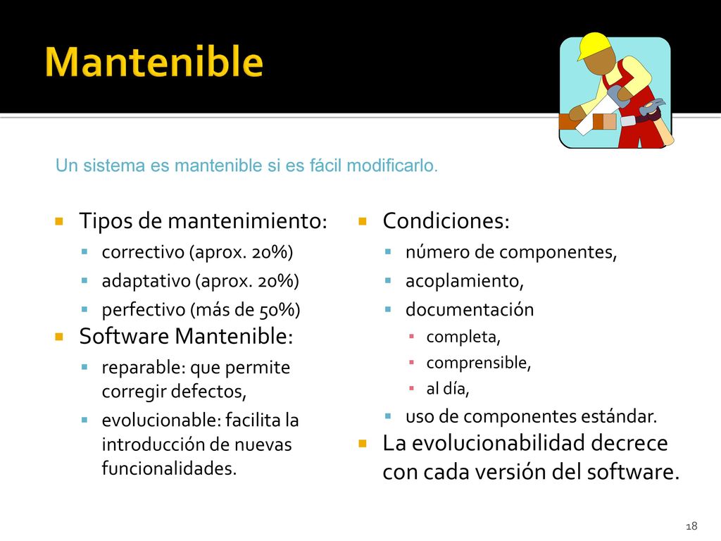 Mantenible Tipos de mantenimiento: Software Mantenible: Condiciones: