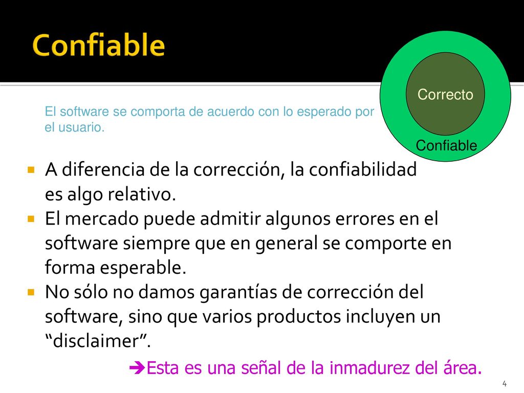 Confiable Correcto. Confiable. El software se comporta de acuerdo con lo esperado por el usuario.