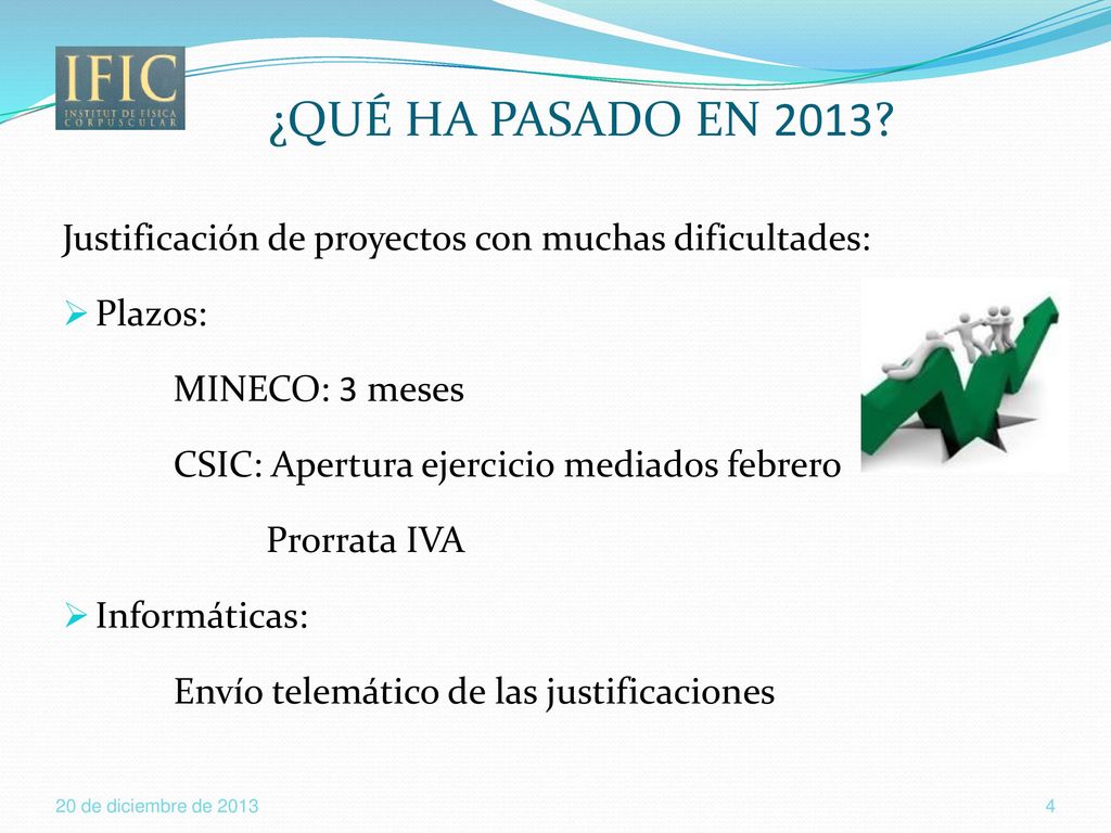 ¿QUÉ HA PASADO EN 2013 Justificación de proyectos con muchas dificultades: Plazos: MINECO: 3 meses.
