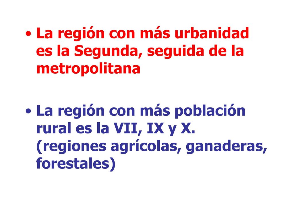 La región con más urbanidad es la Segunda, seguida de la metropolitana