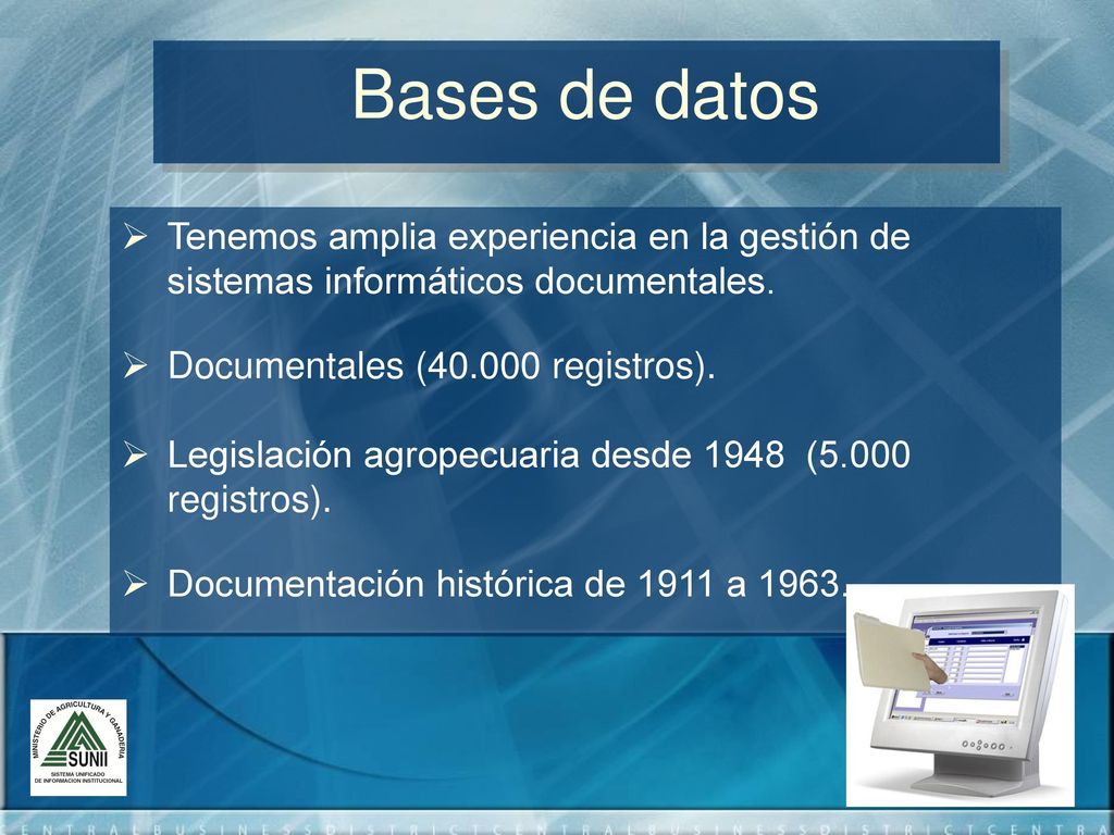 Bases de datos Tenemos amplia experiencia en la gestión de sistemas informáticos documentales. Documentales ( registros).