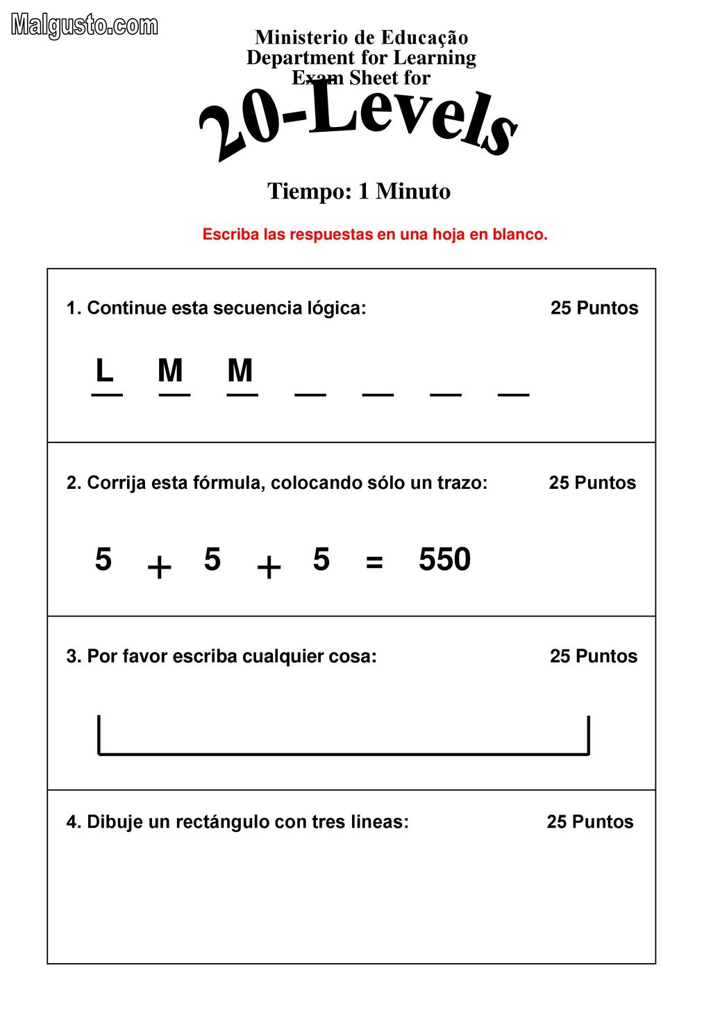 20-Levels + + L M M = 550 Tiempo: 1 Minuto