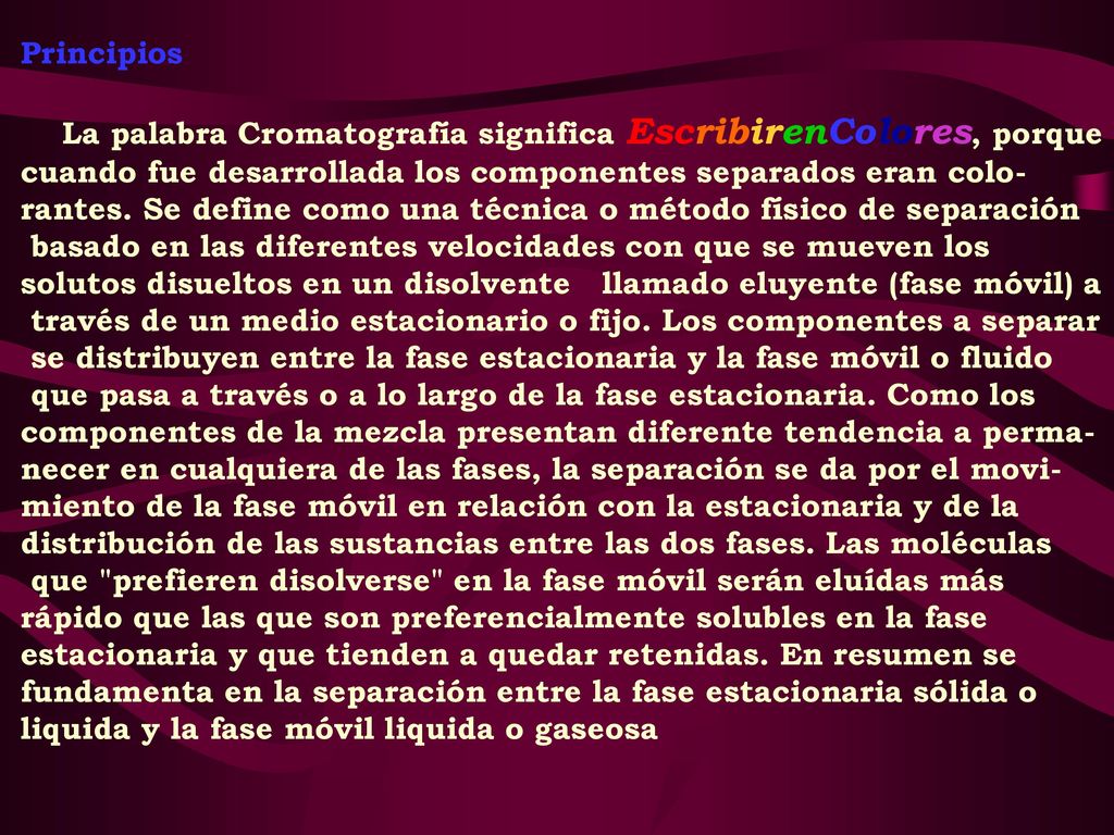 Principios La palabra Cromatografía significa EscribirenColores, porque. cuando fue desarrollada los componentes separados eran colo-