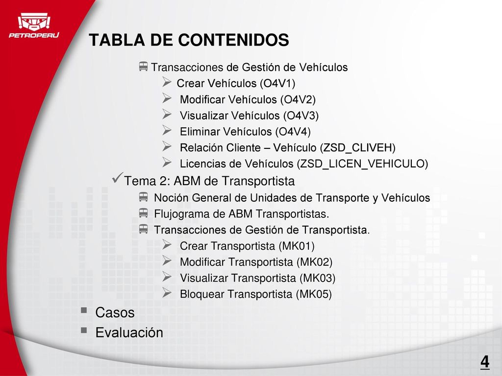 TABLA DE CONTENIDOS Casos Evaluación Tema 2: ABM de Transportista